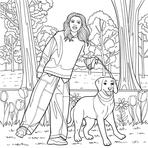 Woman walking a dog in the park