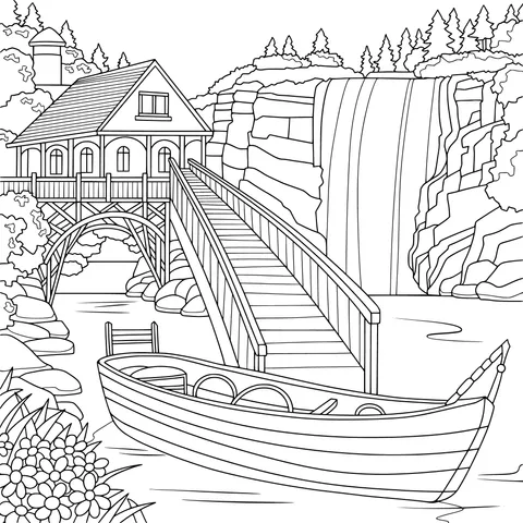 Cottage and Boat by the Waterfall