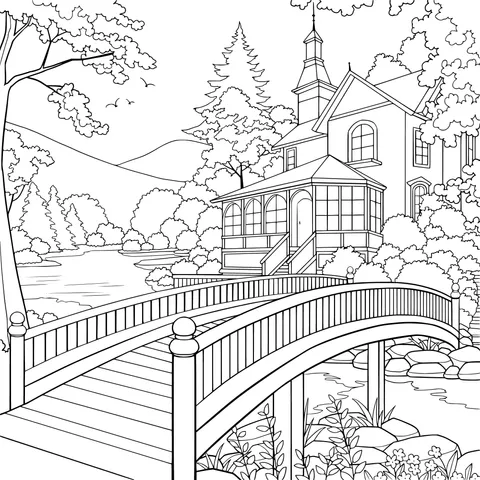 Wooden Bridge by the River and Country Villa