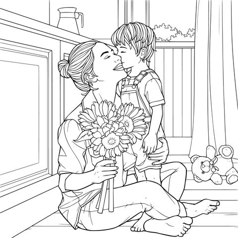 孩子给母亲送花亲吻