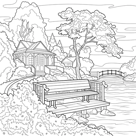 Scenery of the Bench by the Lake