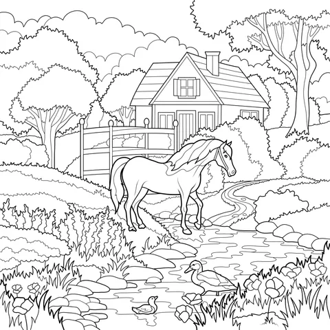 Horse and Ducks by the Countryside Stream