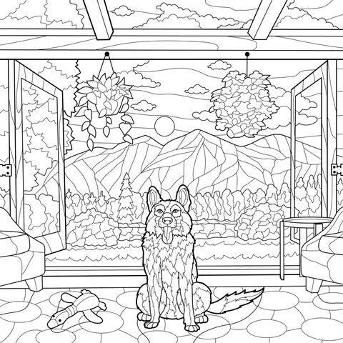 Dog in a cozy room with an outdoor view