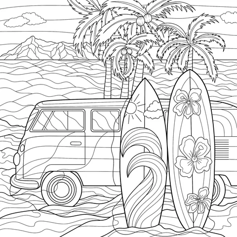 Pink Van and Surfboards on the Beach