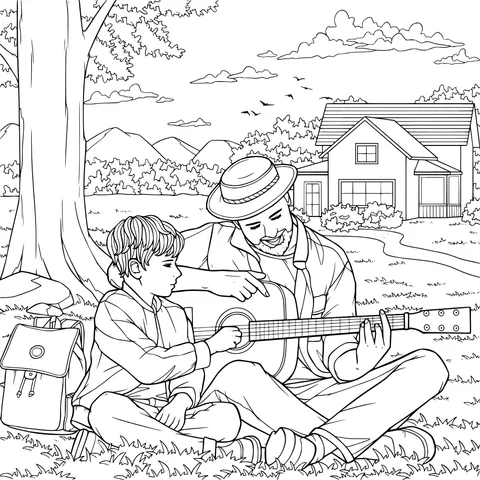 Father and child playing the guitar outdoors