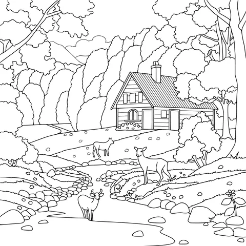 Autumn Cottage and Deer by the Stream