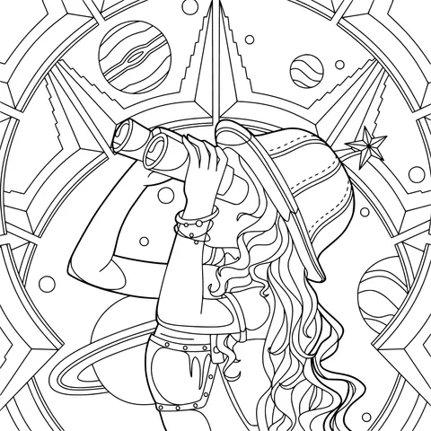 Girl exploring the universe with binoculars
