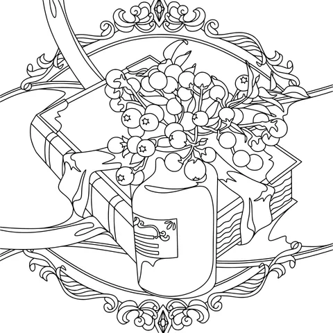 Decorative Illustration of Berries in a Jar and Books