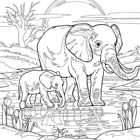 Mother - elephant and Baby - elephant by the River