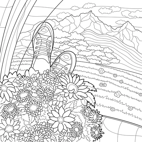 Outdoor shoes and mountain view among flower clusters