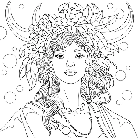 Woman with flower - wreath and ox - horns