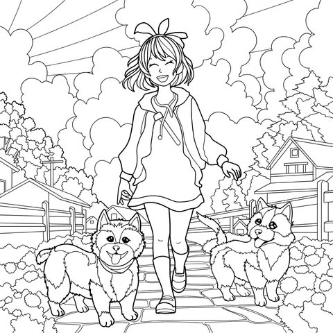 Girl walking with corgis on a path