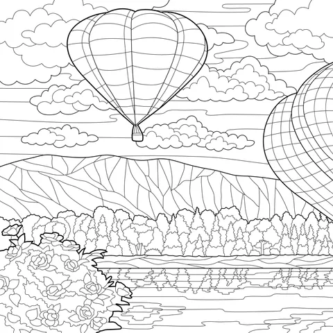 Hot air balloons flying over a scenic landscape
