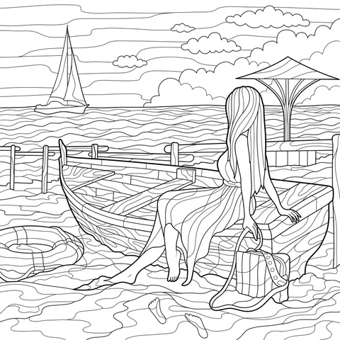 Woman in Red Dress and Boat on the Beach