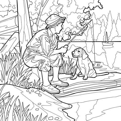 Boy fishing by the lake with his dog