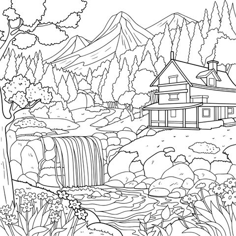 山间木屋与瀑布美景