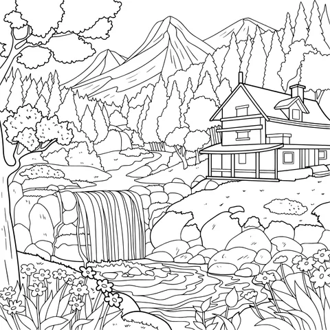 Beautiful Scenery of a Mountain Cabin and Waterfall