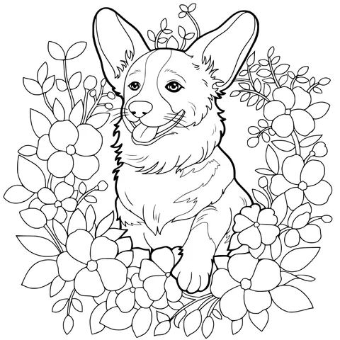 Corgi in the Flower Bed