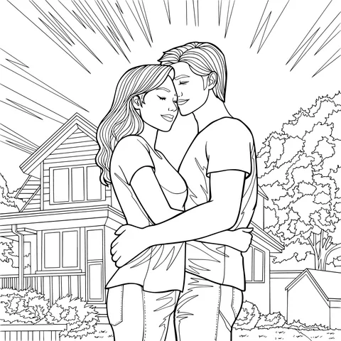 Couple embracing in front of a house