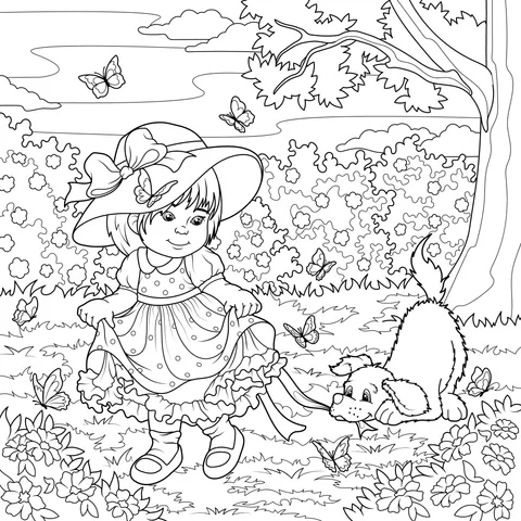 Girl and puppy playing in the flower - filled area