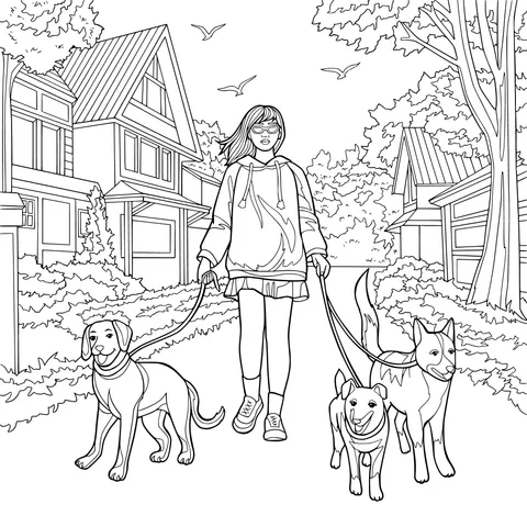 Girl Walking Dogs Scene