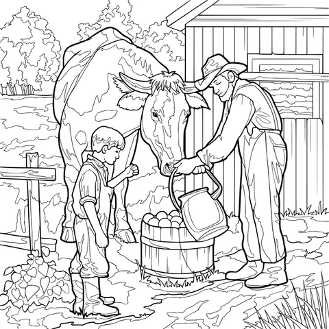 Farmer and Boy Feeding a Cow
