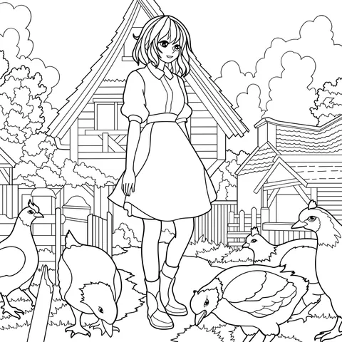 Girl feeding chickens beside a farmhouse