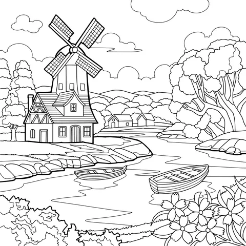Riverside Windmill Rural Scenery