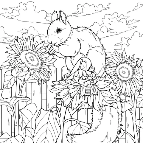 Squirrel and Sunflowers