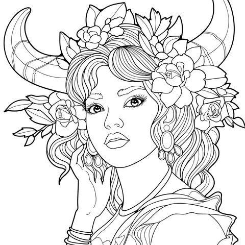 Woman with flower - crown and ox - horns