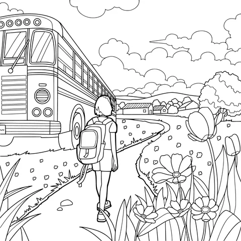 Girl walking towards the school - bus