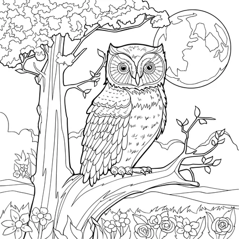 An owl perched on a branch under the moonlit night