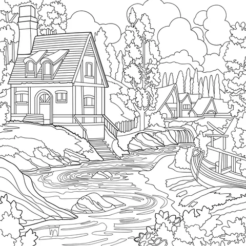 Scenery of Wooden Houses by the River