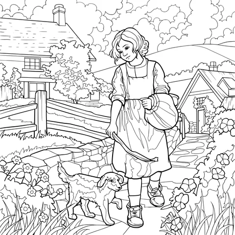 Girl walking with a puppy on a rural path