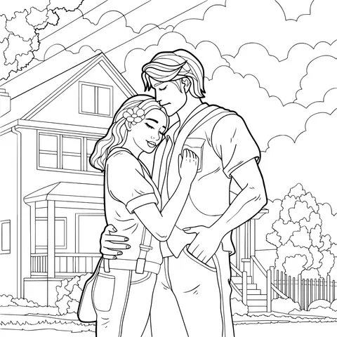 Lovers embracing in front of the house