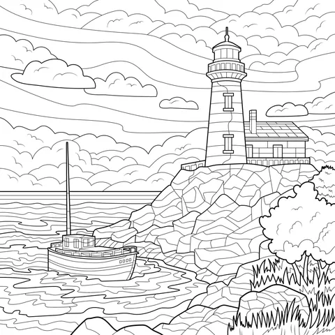 Lighthouse and Boat under the Sunset
