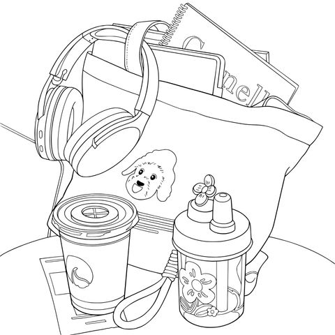 桌上的物品：包、耳机、杯子等