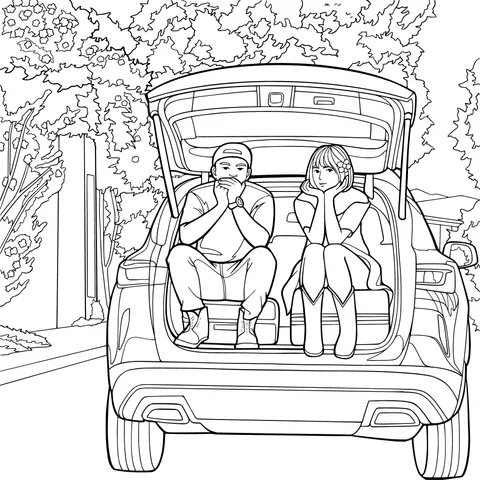 Man and woman sitting in the trunk of a car