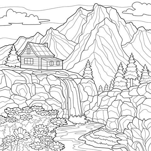 山间小屋与瀑布美景