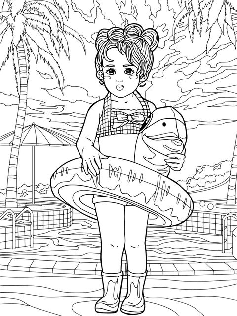 泳池边拿着游泳圈的女孩