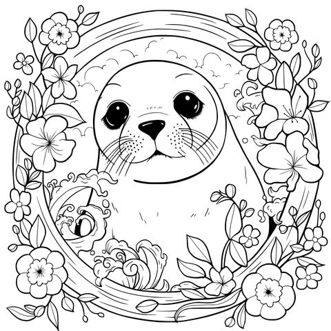 被花卉环绕的可爱海豹