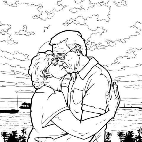 夕阳下的老夫妇之吻