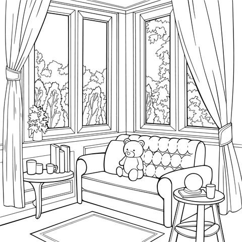 Cozy Living - room Coloring Page: Time by the Window with a Teddy Bear