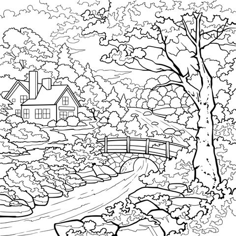 秋日河畔小屋美景