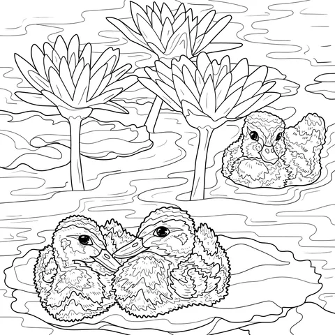 Ducklings in the Water - lily Pond