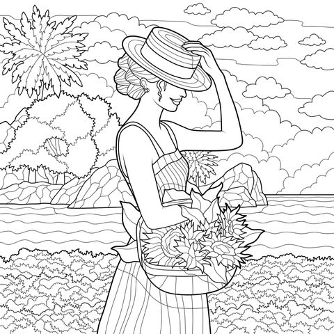 海边花田持篮女子