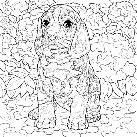 Beagle puppy among flowers