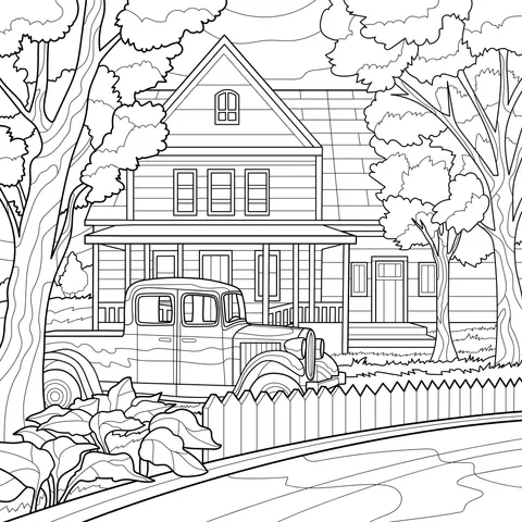 Pink House with a Blue Vintage Car