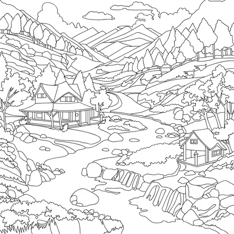Rural Cottages by the Mountain Stream