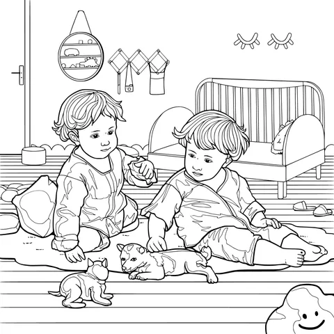 Twin babies playing with pets in the room